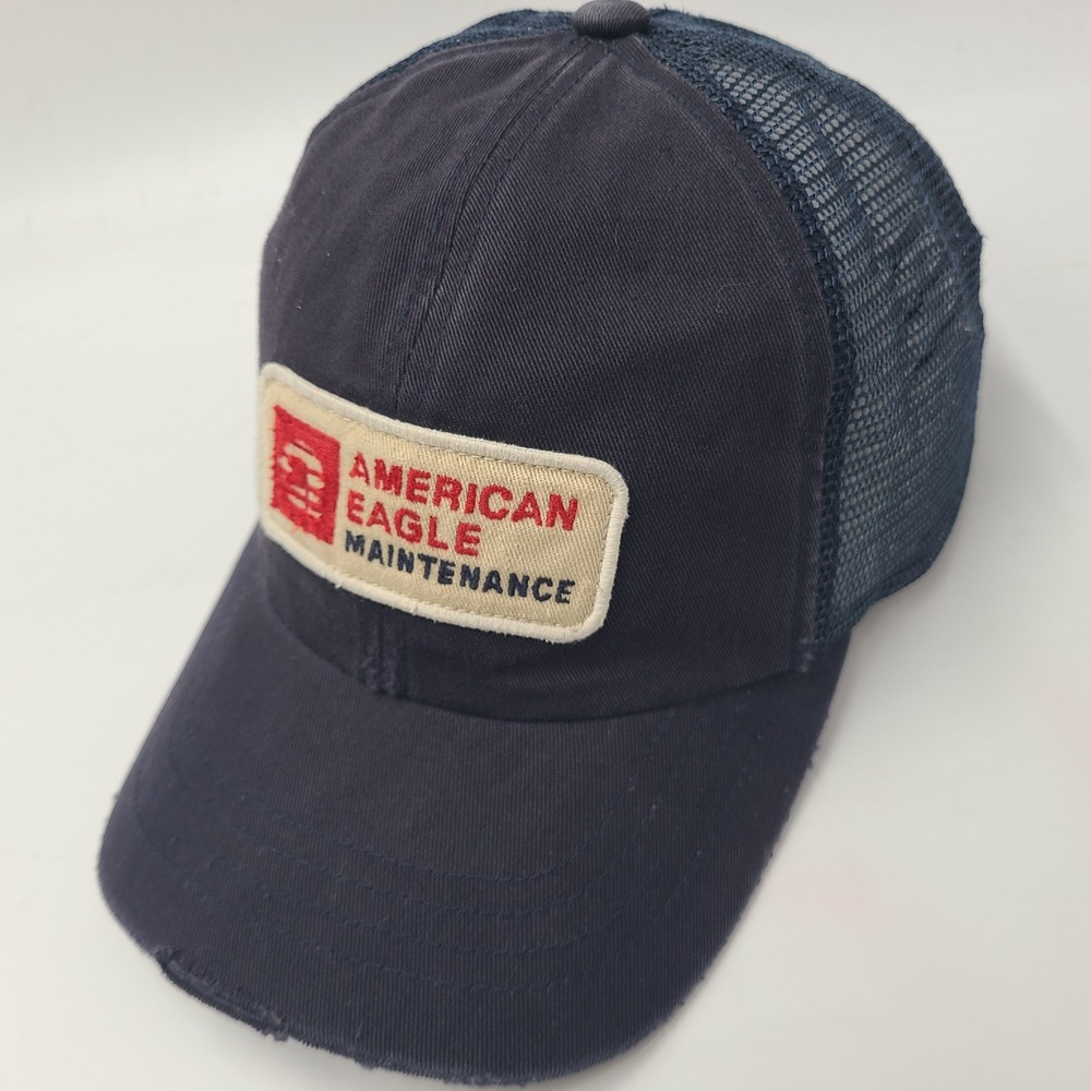American Eagle Hat Snapback Trucker Mesh Blue Distressed Maintenance Patch Men